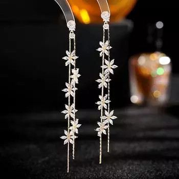 Temperament Универсальные серьги-гвоздики Длинные тонкие серьги измененной формы лица Серьги-кисточки с цветком из циркония серебряный