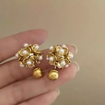 Универсальные серьги в стиле ретро с металлическим жемчугом и цветком для женских украшений