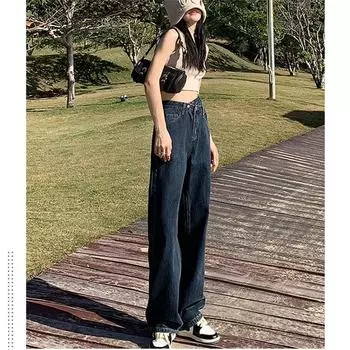 Универсальные широкие брюки в уличном стиле, джинсы на весну и осень, корейские свободные джинсы с высокой талией, женские прямые тонкие драпированные джинсы XS синий