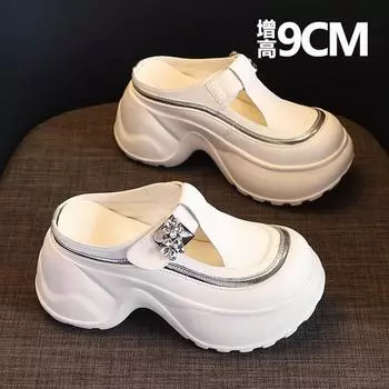 Универсальные шлепанцы на толстой подошве, с вырезами, увеличивающие рост, с закрытым носком, 2025 лето, новые модные сандалии для миниатюрных женщин 35