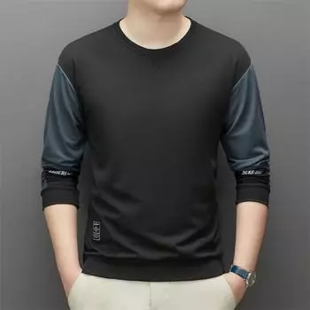 Универсальные топы на весну и осень, свободная рубашка с длинными рукавами, мужская повседневная рубашка с низом, мужская толстовка с круглым вырезом M чёрный