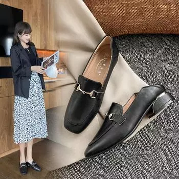 Универсальные туфли из мягкой кожи с квадратным носком. Женские туфли на низком каблуке и толстом каблуке. Весна и лето. Новые маленькие кожаные туфли P. Туфли Fairy для двух видов одежды. 34 чёрный