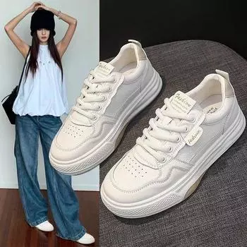Универсальные туфли на толстой подошве, женские, осень 2024, новые, универсальные, кожаные, повседневные, спортивные, низкие, для серфинга 35 белый