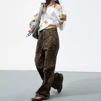 Универсальные весенне-летние новые женские тонкие и свободные уличные японские джинсы клеш с леопардовым принтом кофейного цвета XS цветной печати леопарда