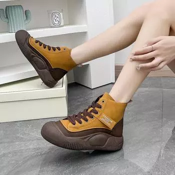 Универсальные высокие женские туфли на толстой подошве 2025 года, новые туфли на шнуровке и легкой подошве, высокие туфли в стиле ретро-рок 35 чёрный