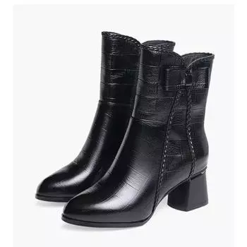 Универсальные женские ботинки со средним рукавом на молнии, новые зимние стильные плюшевые теплые кожаные модные ботинки с бантом и круглой головкой для женщин 35