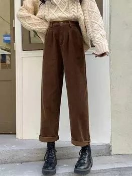Универсальные женские корейские брюки с карманами, винтажные вельветовые брюки, весенние прямые брюки с высокой талией XXXL чёрный