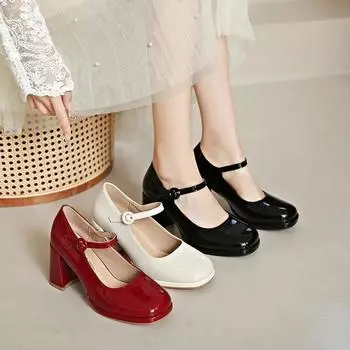 Универсальные женские туфли Мэри Джейн на высоком каблуке с круглым носком во французском стиле для женщин, весенне-осенние туфли в стиле ретро, винно-красные, на толстом каблуке с неглубоким носком 34