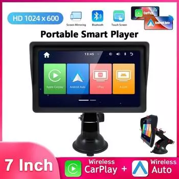 Универсальный 7-дюймовый автомобильный радиоприемник, мультимедийный видеоплеер, беспроводной Apple Carplay и беспроводной сенсорный экран Android Auto чёрный
