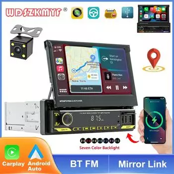 Универсальный 7-дюймовый выдвижной экран видеоплеер мультимедиа беспроводной Carplay и Android Auto 1Din стерео приемник GPS навигация