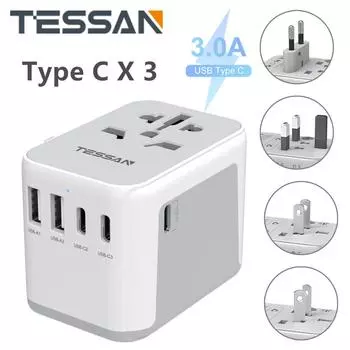 Универсальный адаптер для путешествий TESSAN Универсальный адаптер питания с международной вилкой и зарядным устройством USB и типа C для путешествий в Великобританию, ЕС, Австралию и США