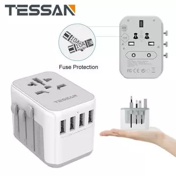 Универсальный адаптер для путешествий TESSAN Универсальный адаптер питания с международной вилкой и зарядным устройством USB и типа C для путешествий в Великобританию, ЕС, Австралию и США