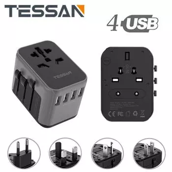 Универсальный адаптер питания TESSAN, международный адаптер с 4 портами USB, преобразователь настенного зарядного устройства «все в 1» для ЕС, США, Великобритании, Австралии