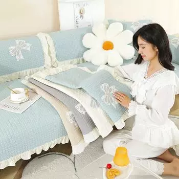 Универсальный эластичный чехол для дивана на четыре сезона, полное покрытие, диванное полотенце с кружевным бантом, полное покрытие, мягкая и удобная диванная подушка из стираного хлопка 30*50 белый