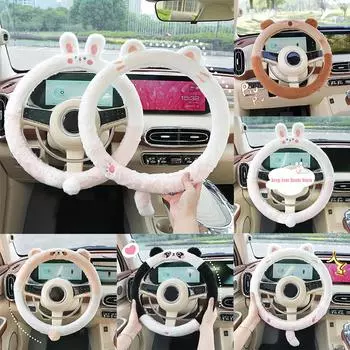 Универсальный автомобильный милый плюшевый чехол на руль для женщин, милый мультяшный зимний пушистый чехол для подогрева руля, аксессуар E0A6