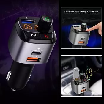 Универсальный Bluetooth 5.0 FM-передатчик QC3.0 и USB-C Bluetooth-плеер Звонки Hands-Free Радио PD Беспроводной музыкальный адаптер 18 Вт H9C6 чёрный