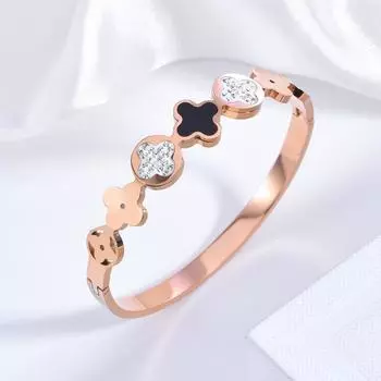 Универсальный браслет из нержавеющей стали с рисунком в виде четырехлистного клевера, розового золота, с инкрустацией бриллиантами, открытый дизайн, позолота не выцветает розового золота