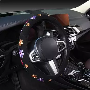 Универсальный чехол на руль автомобиля, чехол на руль для женщин, чехол на колесо с цветочным принтом, автомобильные аксессуары 37-38cm/15 inch чёрный