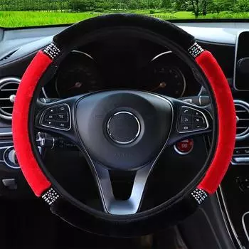 Универсальный чехол на руль автомобиля из мягкого плюша со стразами диаметром 37-38 см, аксессуары для интерьера, чехол на руль, автомобильный стиль черный серый