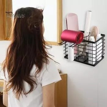 Универсальный держатель для фена, большая вместимость, регулируемая высота, простая установка, настенный металлический держатель для фена, органайзер для инструментов для волос чёрный