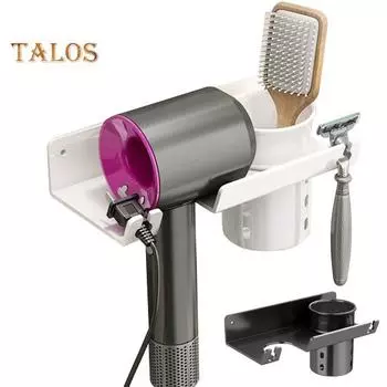 Универсальный держатель для фена, настенное крепление, вешалка для фена с органайзером для шнура, самоклеящаяся стойка для инструментов по уходу за волосами для шкафа в ванной комнате чёрный