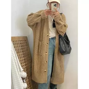 Универсальный длинный вязаный кардиган для женщин в стиле ленивой моды, осень-зима 2024 года, новый корейский свитер с закрученным узлом, свободное пальто, тренд One Size верблюд