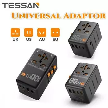 Универсальный дорожный адаптер TESSAN по всему миру с USB и адаптером для быстрой зарядки типа C, вилка ЕС/Великобритании/США/Австралии для путешествий 2 USB-A & 3 USB-C-35W чёрный