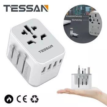 Универсальный дорожный адаптер TESSAN. Универсальное дорожное зарядное устройство с 3 портами USB и 1 настенным зарядным устройством типа C для США, ЕС, Великобритании, Австралии.