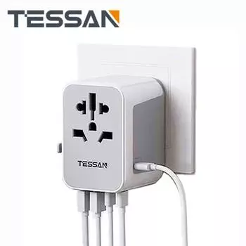 Универсальный дорожный адаптер TESSAN. Универсальное дорожное зарядное устройство с 4 портами USB. Портативное мини-зарядное устройство, работающее по всему миру. Для США, ЕС, Великобритании, Австралии.