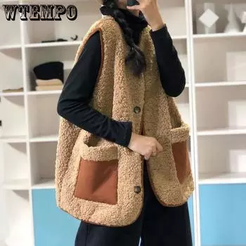 Универсальный флисовый жилет из овечьей шерсти, женский, корейский стиль, осень/зима, новое поступление, свободный твидовый жакет S хаки