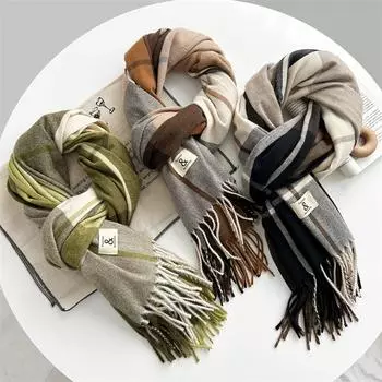 Универсальный искусственный кашемировый мягкий и липкий клетчатый шарф с кисточками для женщин, зимний роскошный новый модный утолщенный теплый платок 68*196cm чёрный