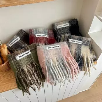 Универсальный искусственный кашемировый мягкий и липкий клетчатый шарф с кисточками для женщин, зимний роскошный новый модный утолщенный теплый платок 220*52cm чёрный