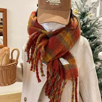 Универсальный искусственный кашемировый мягкий и липкий клетчатый шарф с кисточками для женщин, зимний роскошный новый модный утолщенный теплый платок 42*230cm оранжевый