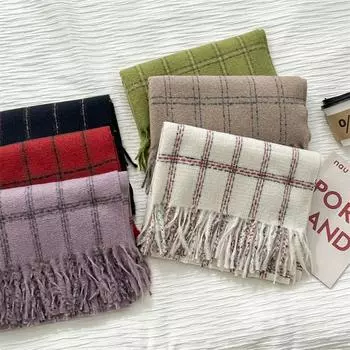 Универсальный искусственный кашемировый мягкий и липкий клетчатый шарф с кисточками для женщин, зимний роскошный новый модный утолщенный теплый платок 68*196cm чёрный