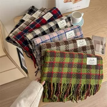 Универсальный искусственный кашемировый мягкий и липкий клетчатый шарф с кисточками для женщин, зимний роскошный новый модный утолщенный теплый платок 68*200cm хаки
