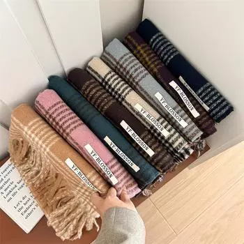 Универсальный искусственный кашемировый мягкий и липкий клетчатый шарф с кисточками для женщин, зимний роскошный новый модный утолщенный теплый платок 68*196cm бежевый