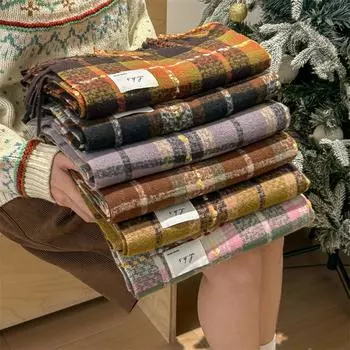 Универсальный искусственный кашемировый мягкий и липкий клетчатый шарф с кисточками для женщин, зимний роскошный новый модный утолщенный теплый платок 196*65cm чёрный