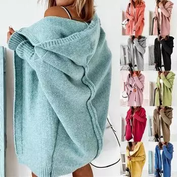 Универсальный кардиган средней длины, женский модный свободный свитер с рукавами «летучая мышь», осенний свободный свитер с капюшоном, женская куртка S зелёный