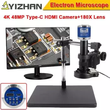 Универсальный кронштейн 4K 48MP HD цифровой микроскоп для электроники 1080P Type-C HDMI камера 180X C-Moust зум-объектив металлическое большое основание US Plug