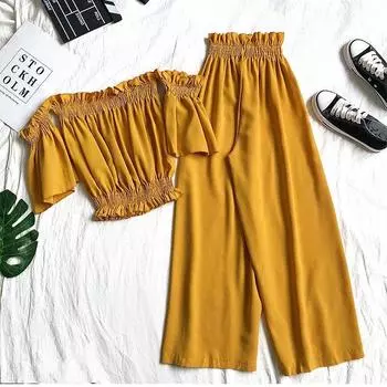 Универсальный кроп-топ с открытыми плечами и брюки-тюльпаны с широкими штанинами, комплект весна/лето 2020 S [Recommended 80-95 lbs]