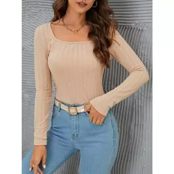 Универсальный облегающий трикотажный топ с квадратным вырезом и длинными рукавами XS розовый