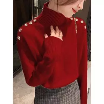Универсальный однотонный свитер с длинным рукавом, женская одежда, осень-зима, высокий ворот, вязаный элегантный топ S красный
