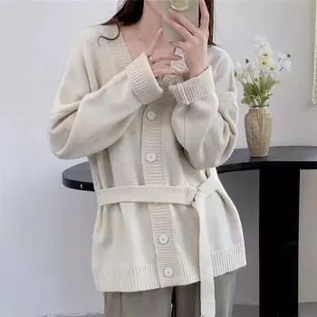 Универсальный осенне-зимний новый ленивый стиль корейской версии, удобная талия и тонкий однотонный вязаный кардиган-топ для женщин One size