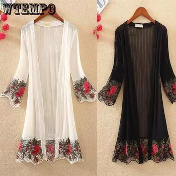 Универсальный подол с вышивкой поверх шали, женский солнцезащитный кардиган в середине лета в Лонг-Бич, тонкое пальто one size белый