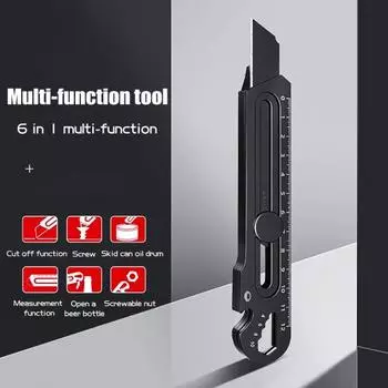 Универсальный резак 6 в 1, многофункциональный инструмент с эргономичной ручкой, компактный портативный безопасный молоток, открывалка для бутылок, линейка чёрный