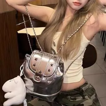 Универсальный рюкзак Niche Design с серебряной цепочкой, ароматная ветровая сумка-ведро, женский рюкзак премиум-класса с текстурой из масляной восковой кожи Below 20L серебряный