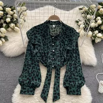 Универсальный шифоновый топ с леопардовым принтом в европейском и американском стиле, свободные ниши и тонкие рукава в стиле ретро