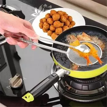 Универсальный скиммер для масла и зажим для еды с кухонным ситом из нержавеющей стали, идеально подходящий для фильтрации, жарки и черпания