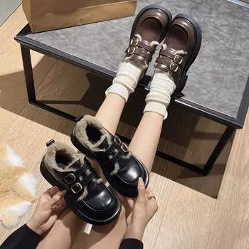 Универсальный стиль пушистые кожаные туфли женские осенне-зимние бархатные коричневые мокасины в британском стиле ретро 35 чёрный