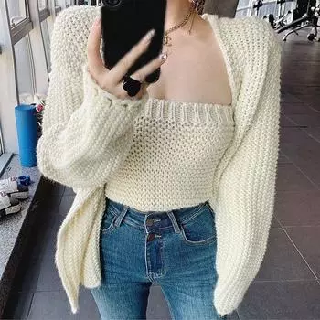 Универсальный свитер-кардиган женский 2023, высококачественный вязаный кардиган, верхнее пальто, бюстгальтер и женский атмосферный комплект, женский свитер-кардиган One Size синий